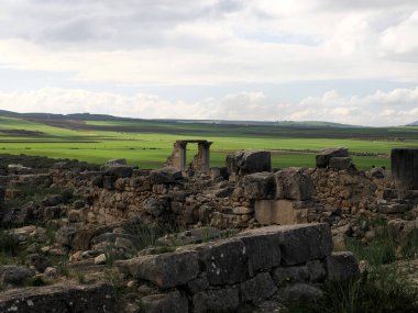 Volubilis Roman ruins in Morocco- Best-preserved Roman ruins located between the Imperial Cities of Fez and Meknes on a fertile plain surrounded by wheat fields.