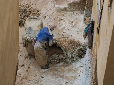 Fes, Morocco, Tannery aerial view Africa Old tanks of the Fez's tanneries with color paint for leather.