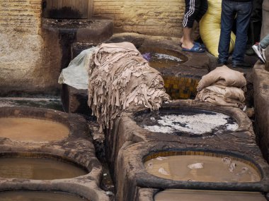 Fes, Morocco, Tannery aerial view Africa Old tanks of the Fez's tanneries with color paint for leather.