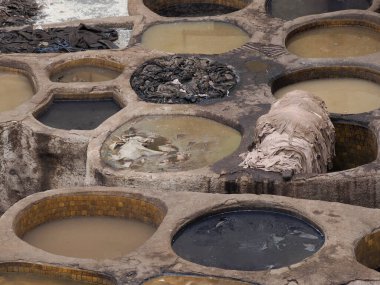 Fes, Morocco, Tannery aerial view Africa Old tanks of the Fez's tanneries with color paint for leather.