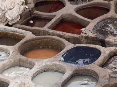 Fes, Morocco, Tannery aerial view Africa Old tanks of the Fez's tanneries with color paint for leather.