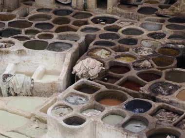 Fes, Morocco, Tannery aerial view Africa Old tanks of the Fez's tanneries with color paint for leather.