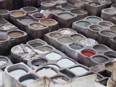 Fes, Morocco, Tannery aerial view Africa Old tanks of the Fez's tanneries with color paint for leather.