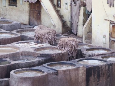 Fes, Morocco, Tannery aerial view Africa Old tanks of the Fez's tanneries with color paint for leather.