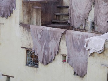Fes, Morocco, Tannery aerial view Africa Old tanks of the Fez's tanneries with color paint for leather.