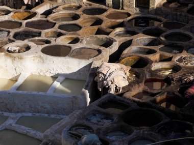 Fes, Morocco, Tannery aerial view Africa Old tanks of the Fez's tanneries with color paint for leather.