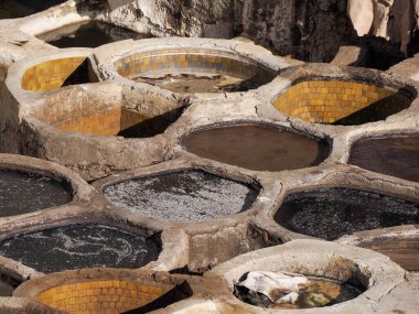 Fes, Morocco, Tannery aerial view Africa Old tanks of the Fez's tanneries with color paint for leather.