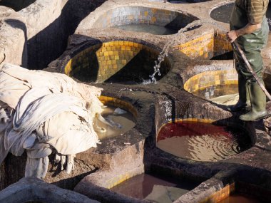 Fes, Morocco, Tannery aerial view Africa Old tanks of the Fez's tanneries with color paint for leather.