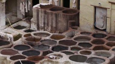 Fes, Morocco, Tannery aerial view Africa Old tanks of the Fez's tanneries with color paint for leather.