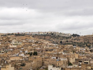 Aerial view of the Fez el Bali medina. Panorama cityscape of the oldest walled part of Fez, Morocco. Fes el Bali was founded as the capital of the Idrisid dynasty between 789 and 808 AD.