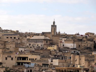 Aerial view of the Fez el Bali medina. Panorama cityscape of the oldest walled part of Fez, Morocco. Fes el Bali was founded as the capital of the Idrisid dynasty between 789 and 808 AD.