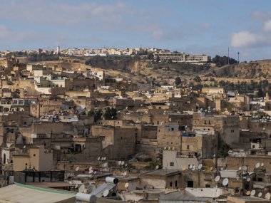Aerial view of the Fez el Bali medina. Panorama cityscape of the oldest walled part of Fez, Morocco. Fes el Bali was founded as the capital of the Idrisid dynasty between 789 and 808 AD.