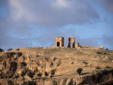 Aerial view of the Fez el Bali medina. Panorama cityscape of the oldest walled part of Fez, Morocco. Fes el Bali was founded as the capital of the Idrisid dynasty between 789 and 808 AD.