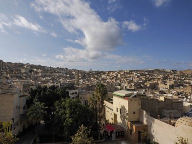 Aerial view of the Fez el Bali medina. Panorama cityscape of the oldest walled part of Fez, Morocco. Fes el Bali was founded as the capital of the Idrisid dynasty between 789 and 808 AD.