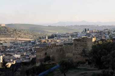 Aerial view of the Fez el Bali medina. Panorama cityscape of the oldest walled part of Fez, Morocco. Fes el Bali was founded as the capital of the Idrisid dynasty between 789 and 808 AD.