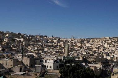 Aerial view of the Fez el Bali medina. Panorama cityscape of the oldest walled part of Fez, Morocco. Fes el Bali was founded as the capital of the Idrisid dynasty between 789 and 808 AD.