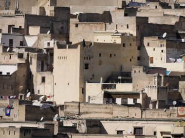 Aerial view of the Fez el Bali medina. Panorama cityscape of the oldest walled part of Fez, Morocco. Fes el Bali was founded as the capital of the Idrisid dynasty between 789 and 808 AD.