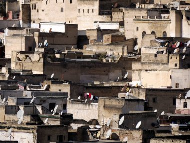 Aerial view of the Fez el Bali medina. Panorama cityscape of the oldest walled part of Fez, Morocco. Fes el Bali was founded as the capital of the Idrisid dynasty between 789 and 808 AD.