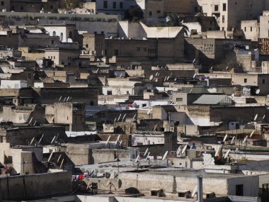 Aerial view of the Fez el Bali medina. Panorama cityscape of the oldest walled part of Fez, Morocco. Fes el Bali was founded as the capital of the Idrisid dynasty between 789 and 808 AD.