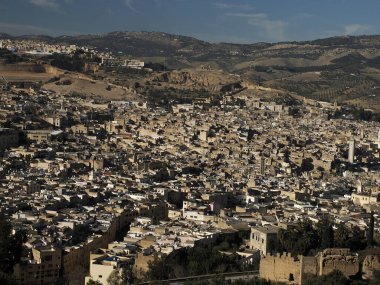Aerial view of the Fez el Bali medina. Panorama cityscape of the oldest walled part of Fez, Morocco. Fes el Bali was founded as the capital of the Idrisid dynasty between 789 and 808 AD.