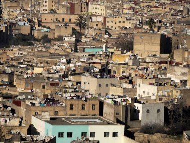Aerial view of the Fez el Bali medina. Panorama cityscape of the oldest walled part of Fez, Morocco. Fes el Bali was founded as the capital of the Idrisid dynasty between 789 and 808 AD.