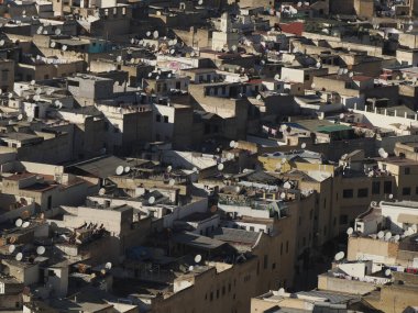 Aerial view of the Fez el Bali medina. Panorama cityscape of the oldest walled part of Fez, Morocco. Fes el Bali was founded as the capital of the Idrisid dynasty between 789 and 808 AD.