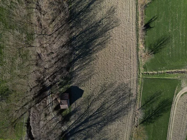 Bewirtschaftete Felder Von Borghetto Borbera Peimonte Italien Dorf Luftaufnahme Panorama — Stockfoto