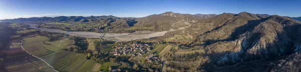 Campi Coltivati Borghetto Borbera Peimonte Italia Villaggio Vista Aerea Panorama — Foto Stock