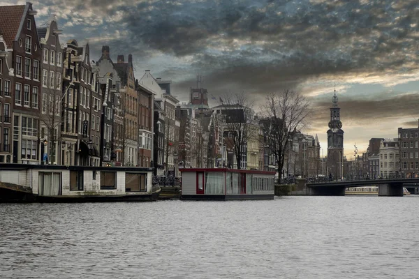 Amsterdam Vecchie Case Vista Dai Canali Tramonto — Foto Stock