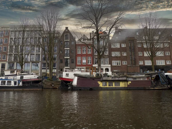 Amszterdam Régi Házak Kilátás Csatornák Naplementekor — Stock Fotó