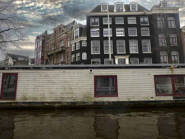 Amsterdam Staré Domy Pohled Kanálů Při Západu Slunce — Stock fotografie