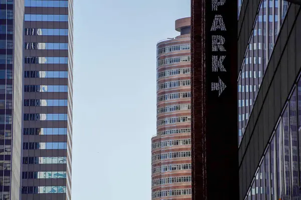Nova York Cidade Manhattan Arranha Céus Vista Rua Para Topo — Fotografia de Stock