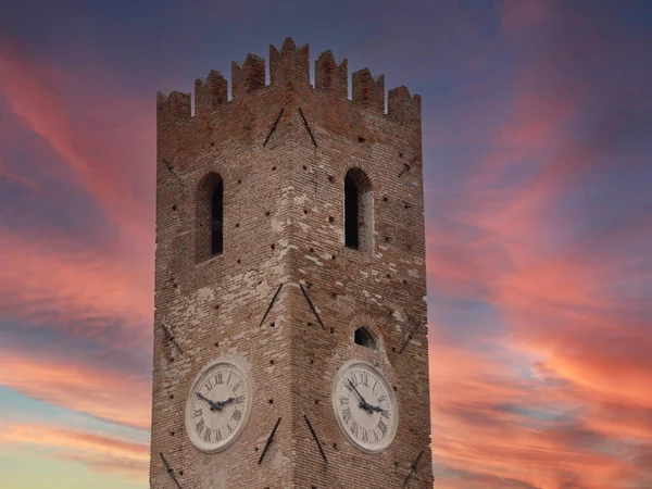 Dramatic Sunset Clock Tower Old Noli Medieval Village Liguria Italy — Stock Photo, Image