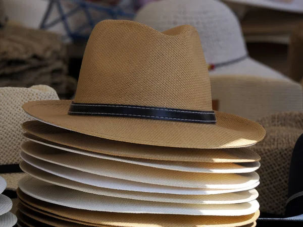 Molti Cappelli Panama Negozio Mercato Strada — Foto Stock