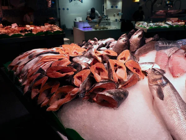 Friss Fishboqueria Barcelona Gyümölcs Tenger Gyümölcsei Hús Sonka Élelmiszer Piac — Stock Fotó
