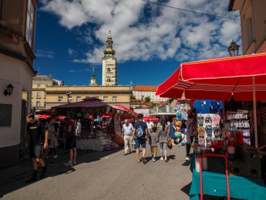 ZAGREB, CROATIA - 9 Ağustos 2023 - Sebze ürünleri ve meyvelerle dolu şehir pazarı