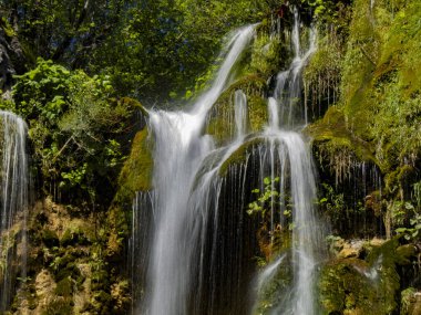 Hırvatistan 'ın Plitvice Gölleri Ulusal Parkı' ndaki su gölleri ve güzel şelalelerin yaz manzarası