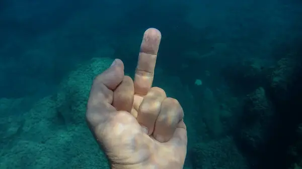 Medium Finger Raised Human Hand Underwater Detail Close — Stock Photo, Image