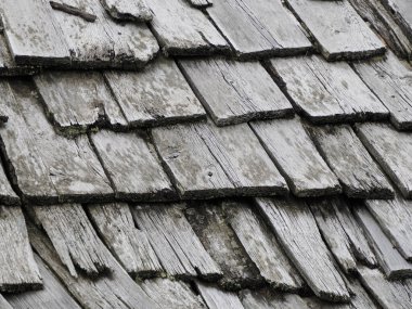 Kulübenin çatısındaki eski ahşap kiremitler, ahşap kulübe.