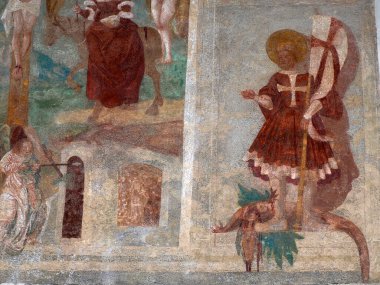 Brunico Brunek Ortaçağ Köyü 'ndeki duvar resmi Val Pusteria Pustertal - Trentino Alto Adige Sudtirol Güney Tyrol İtalya, Avrupa
