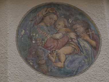Brunico Brunek Ortaçağ Köyü 'ndeki duvar resmi Val Pusteria Pustertal - Trentino Alto Adige Sudtirol Güney Tyrol İtalya, Avrupa