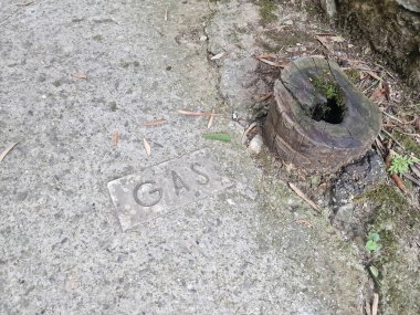 Kesilmiş ağacın yanındaki asfalt yolda bir gaz tabelası.