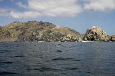 Marguerite Adası kıyısındaki Bahia Körfezi Magdalena Kanalı 'nda beyaz bir deniz feneri. Baja California' da Pasifik Okyanusu 'ndaki volkanik kayaların üzerinde.