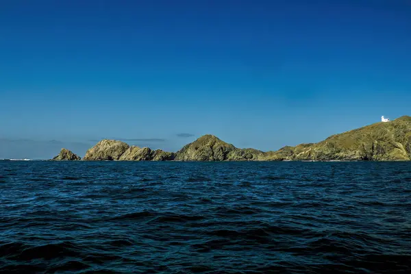 Marguerite Adası kıyısındaki Bahia Körfezi Magdalena Kanalı 'nda beyaz bir deniz feneri. Baja California' da Pasifik Okyanusu 'ndaki volkanik kayaların üzerinde.