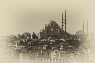 İstanbul, Türkiye 'deki Süleyman Camii Osmanlı İmparatorluğu' nun eski sepya kart stili. Şehirdeki en büyük camidir.