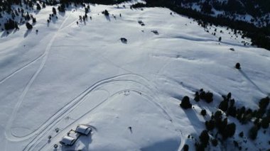 Kızak köpeği, kar üzerinde, dolomitler üzerinde kar selvi köpeğini kış mevsiminde hava manzaralı hava aracı görüntülerinde Val Badia 'yı izledi.