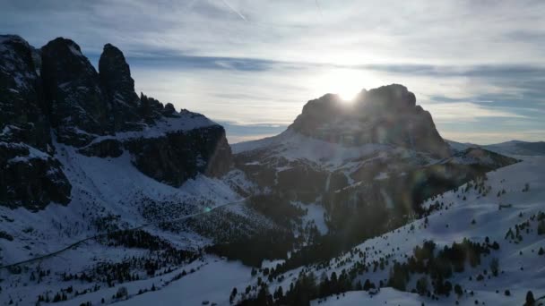 Snow Dolomites Aerial View Val Badia Winter Season Panorama Landscape — Stock Video