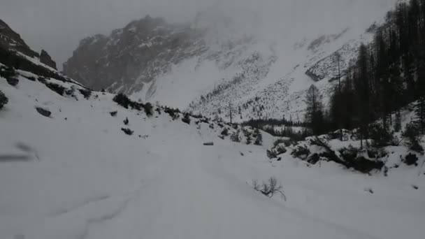 Snowcat Going Downhill View Main Cabin — Stock Video