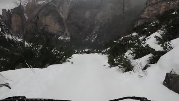Snowcat Going Downhill View Main Cabin — Stock Video