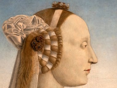 FLORENCE, ITALY - 24 Mart 2024 - Uffizi Galerisi Federica da Montefeltro ve Di Battista Sforza 'nın Piero della Francesca' nın portresinin dünyanın en önemli müzelerinden biri